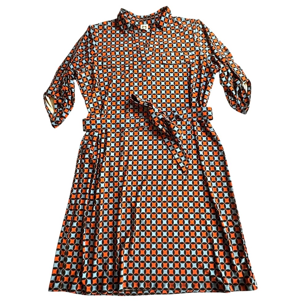 Anne Klein Blue Orange Geometric Shirt Dress Womens 1X Roll Tab Sleeve Tie Waist